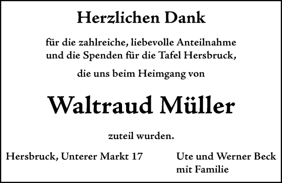 Traueranzeige von Waltraud Müller von Hersbrucker Zeitung Lokal