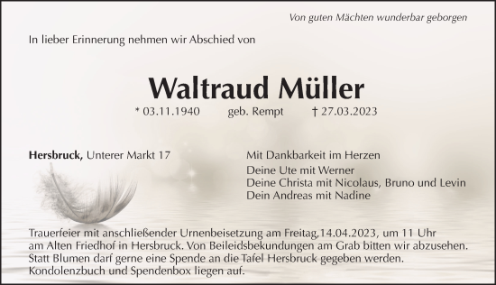 Traueranzeige von Waltraud Müller von Hersbrucker Zeitung Lokal