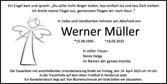 Traueranzeige von Werner Müller von Hersbrucker Zeitung Lokal