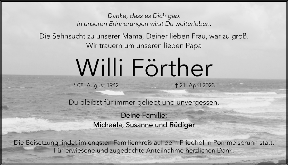  Traueranzeige für Willi Förther vom 29.04.2023 aus Hersbrucker Zeitung Lokal