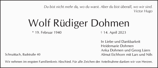 Traueranzeige von Wolf Rüdiger Dohmen von Pegnitz-Zeitung