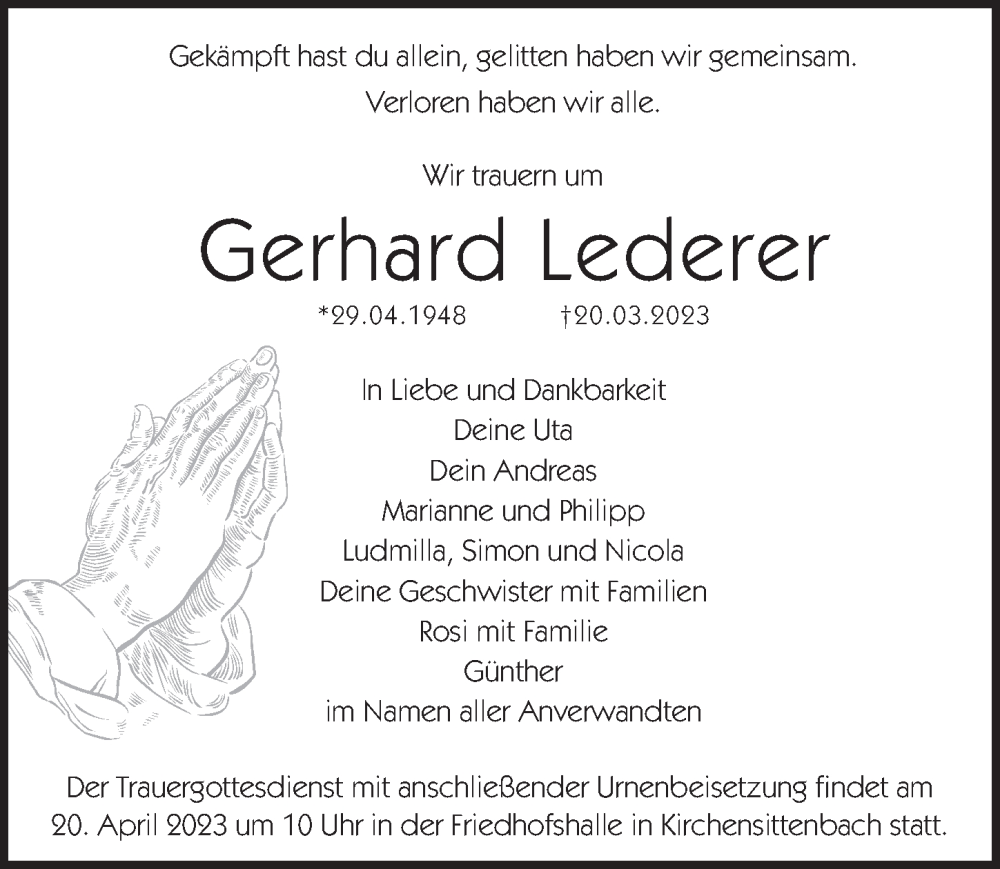  Traueranzeige für Gerhard Lederer vom 15.04.2023 aus Hersbrucker Zeitung Lokal