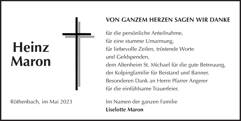  Traueranzeige für Heinz Maron vom 27.05.2023 aus Trauer.de