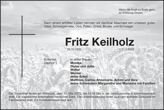 Traueranzeige von Fritz Keilholz von Trauer.de