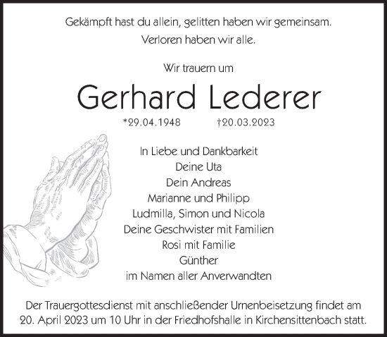 Traueranzeige von Gerhard Lederer von Hersbrucker Zeitung Lokal