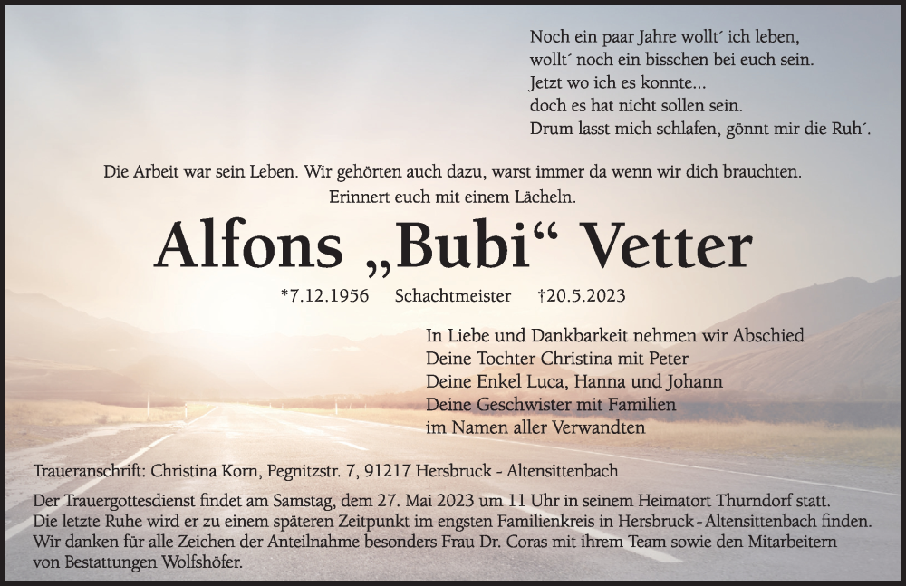  Traueranzeige für Alfons Vetter vom 24.05.2023 aus Hersbrucker Zeitung Lokal