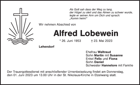 Traueranzeige von Alfred Lobewein von Hersbrucker Zeitung Lokal