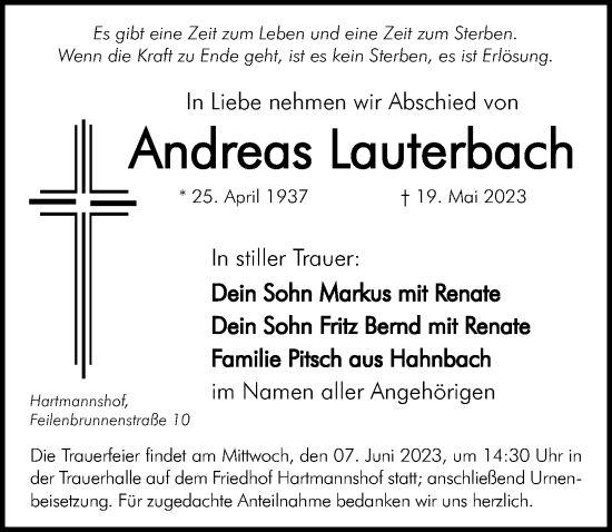 Traueranzeige von Andreas Lauterbach von Hersbrucker Zeitung Lokal