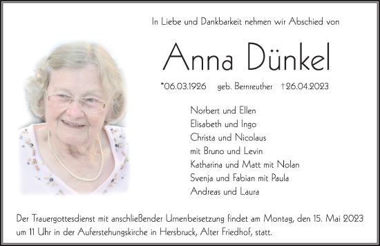 Traueranzeige von Anna Dünkel von Hersbrucker Zeitung Lokal