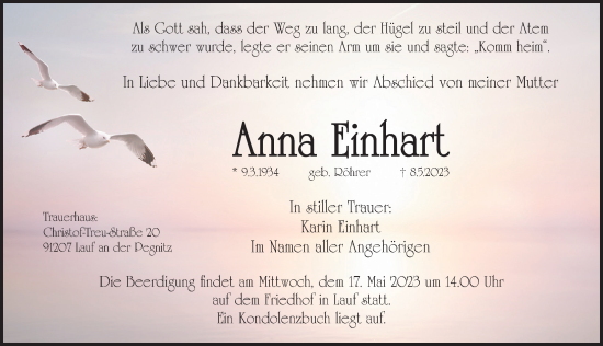 Traueranzeige von Anna Einhart von Pegnitz-Zeitung