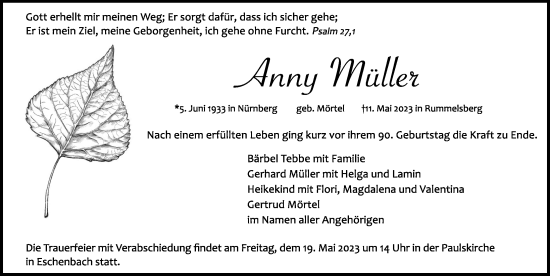 Traueranzeige von Anny Müller von Hersbrucker Zeitung Lokal