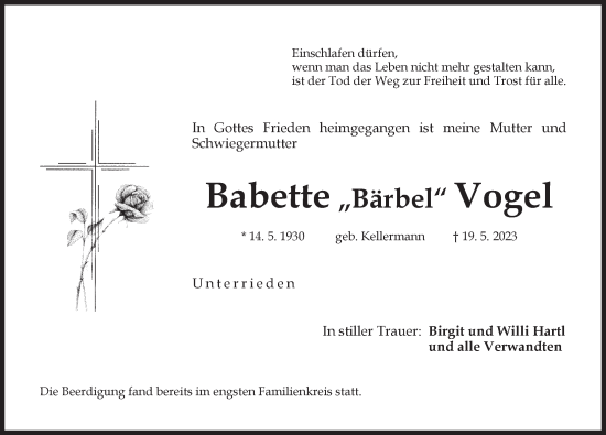 Traueranzeige von Babette Vogel von Der Bote