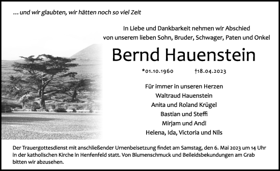 Traueranzeige von Bernd Hauenstein von Hersbrucker Zeitung Lokal