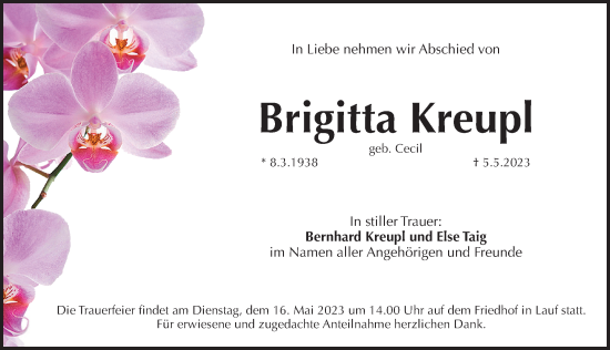 Traueranzeige von Brigitta Kreupl von Pegnitz-Zeitung