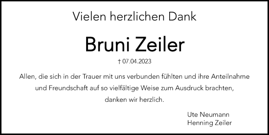 Traueranzeige von Bruni Zeiler von Hersbrucker Zeitung Lokal