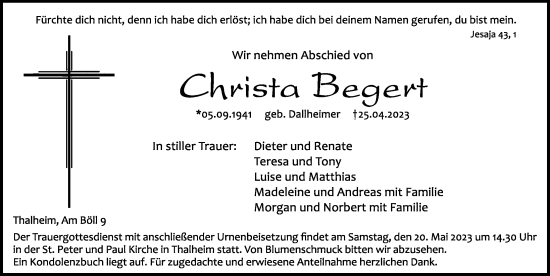 Traueranzeige von Christa Begert von Hersbrucker Zeitung Lokal