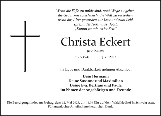 Traueranzeige von Christa Eckert von Pegnitz-Zeitung