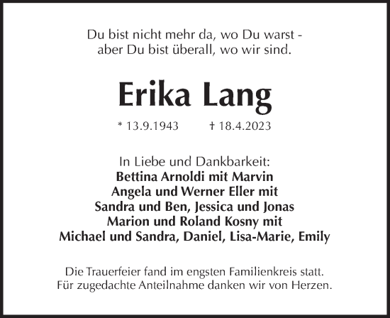 Traueranzeige von Erika Lang von Trauer.de