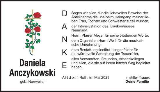 Traueranzeige von Daniela Anczykowski von Der Bote