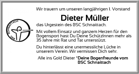 Traueranzeige von Dieter Müller von Hersbrucker Zeitung Lokal