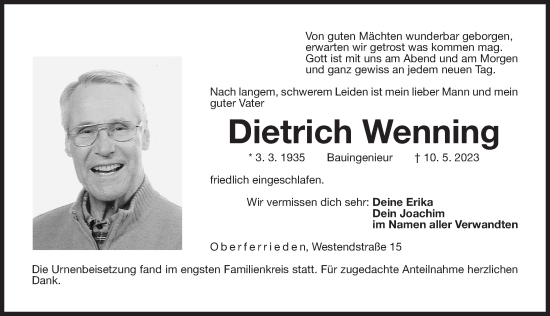Traueranzeige von Dietrich Wenning von Der Bote