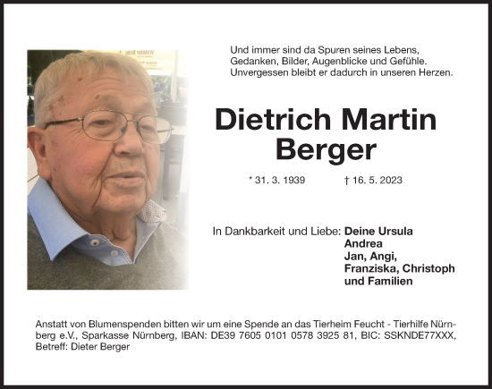 Traueranzeige von Dietrich Martin Berger von Der Bote