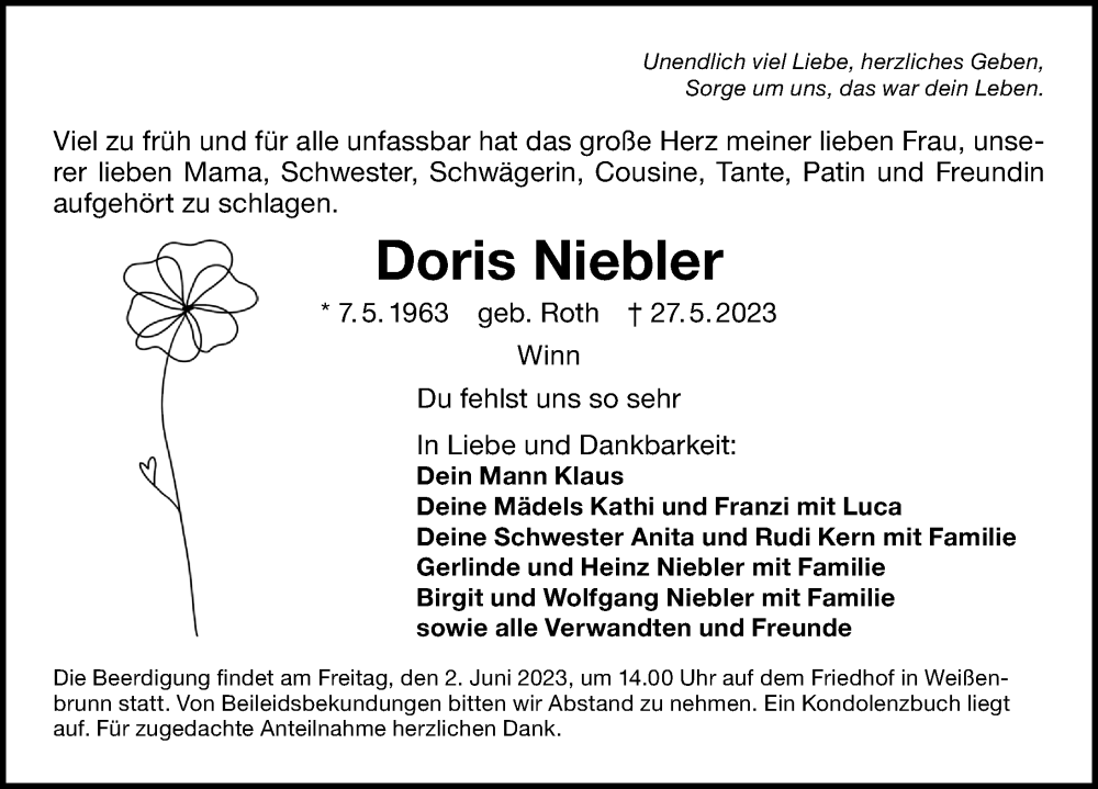  Traueranzeige für Doris Niebler vom 31.05.2023 aus Hersbrucker Zeitung Lokal