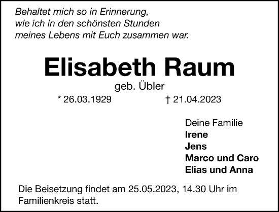 Traueranzeige von Elisabeth Raum von Hersbrucker Zeitung Lokal