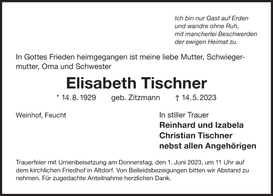 Traueranzeige von Elisabeth Tischner von Der Bote