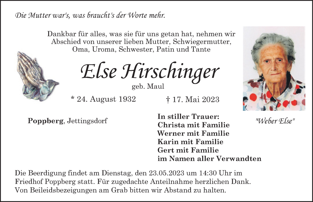  Traueranzeige für Else Hirschinger vom 22.05.2023 aus Hersbrucker Zeitung Lokal