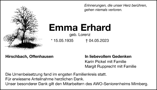 Traueranzeige von Emma Erhard von Hersbrucker Zeitung Lokal