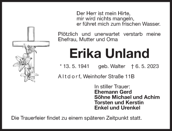 Traueranzeige von Erika Unland von Der Bote