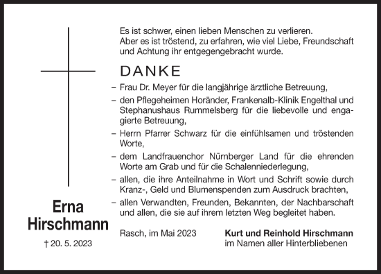 Traueranzeige von Erna Hirschmann von Der Bote