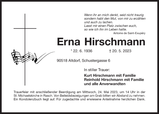 Traueranzeige von Erna Hirschmann von Der Bote