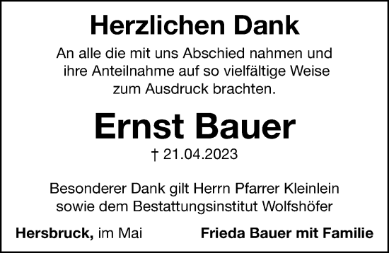 Traueranzeige von Ernst Bauer von Hersbrucker Zeitung Lokal