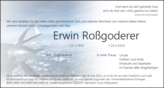 Traueranzeige von Erwin Roßgoderer von Pegnitz-Zeitung