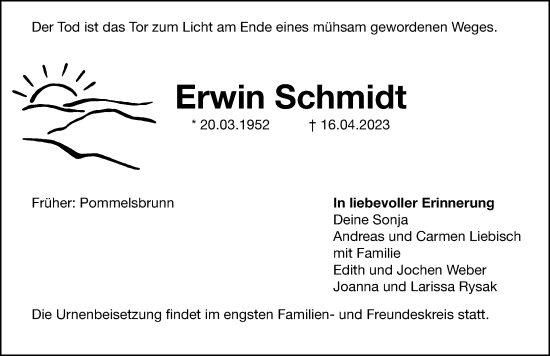 Traueranzeige von Erwin Schmidt von Hersbrucker Zeitung Lokal