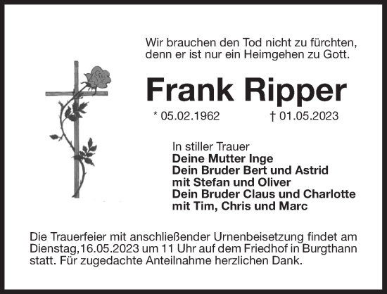 Traueranzeige von Frank Ripper von Der Bote