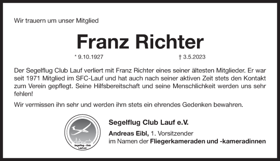 Traueranzeige von Franz Richter von Pegnitz-Zeitung
