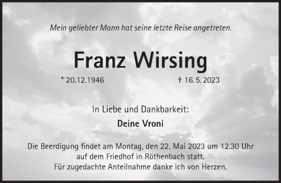 Traueranzeige von Franz Wirsing von Pegnitz-Zeitung