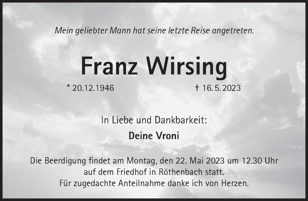  Traueranzeige für Franz Wirsing vom 19.05.2023 aus Pegnitz-Zeitung