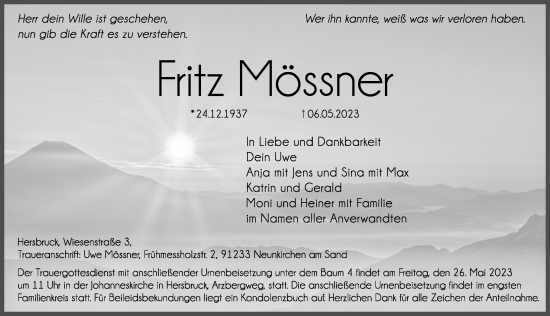 Traueranzeige von Fritz Mössner von Hersbrucker Zeitung Lokal