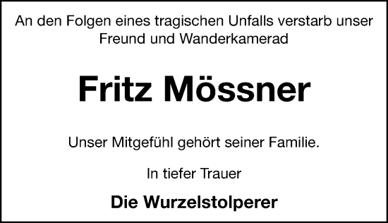 Traueranzeige von Fritz Mössner von Hersbrucker Zeitung Lokal