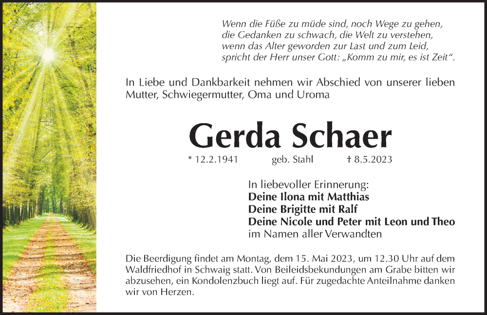  Traueranzeige für Gerda Schaer vom 13.05.2023 aus Pegnitz-Zeitung