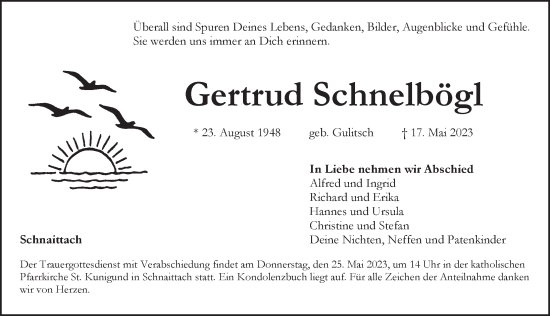 Traueranzeige von Gertrud Schnelbögl von Pegnitz-Zeitung