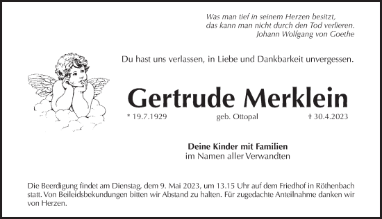 Traueranzeige von Gertrude Merklein von Pegnitz-Zeitung