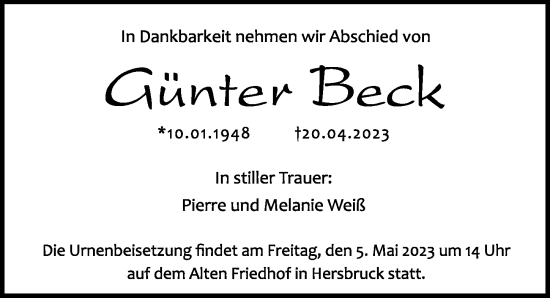 Traueranzeige von Günter Beck von Hersbrucker Zeitung Lokal