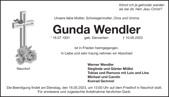 Traueranzeige von Gunda Wendler von Pegnitz-Zeitung