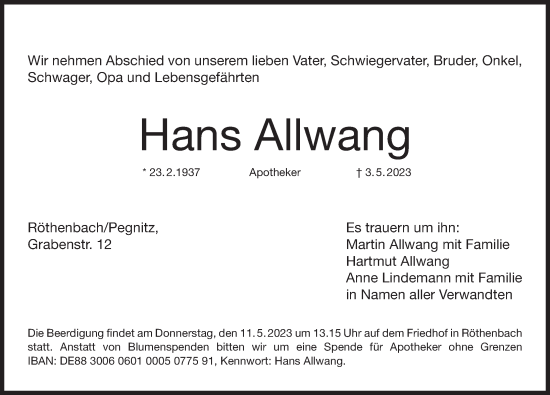 Traueranzeige von Hans Allwang von Pegnitz-Zeitung