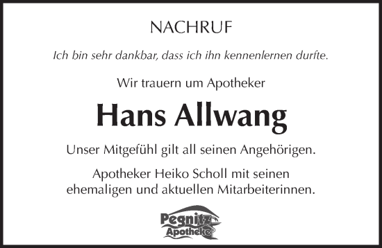 Traueranzeige von Hans Allwang von Pegnitz-Zeitung